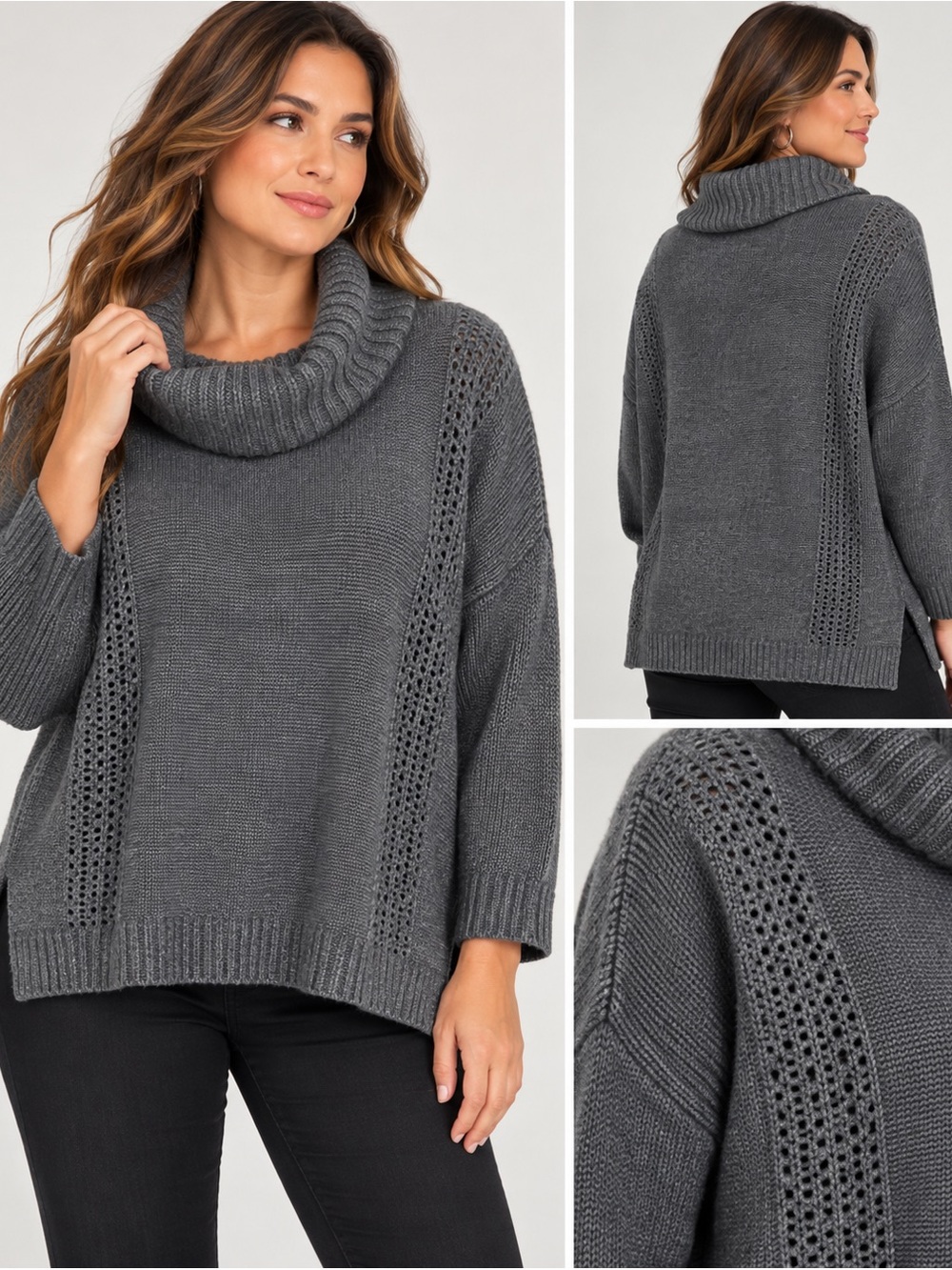 New York & Company Charcoal Gray Cowl Neck Knit Sweater Large